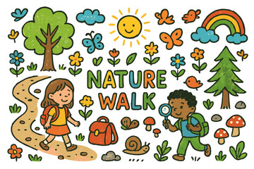Fototapeta premium Nature Walk Adventure. Nature Walk. Colorful Hand-drawn doodle Children illustration trail, trees, flowers, birds, butterflies, sun, clouds, rocks, small