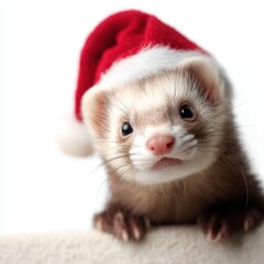 Fototapeta premium A playful ferret wearing a festive Santa hat, ideal for holiday-themed projects, pet care advertisements, or social media content celebrating seasonal joy,