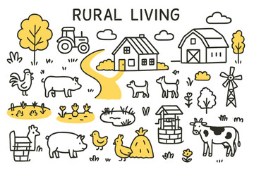 Rustic Farm Doodle. Rural Living. Hand-drawn doodle illustration Farmhouse, barn, tractor, chickens, cows, pigs, garden, fence, dirt road, haystack,