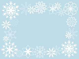 クリスマスイメージのボタニカル背景。水色の花と雪の結晶の壁紙。Christmas-themed botanical background. Wallpaper with light blue flowers and snowflakes. Fancy lace-style paper.