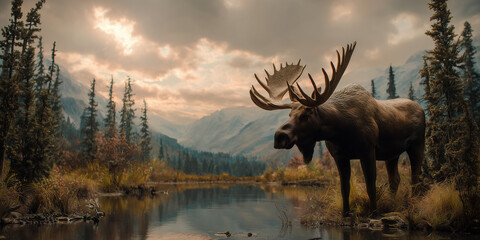 Wild moose in beautiful landscape of North America