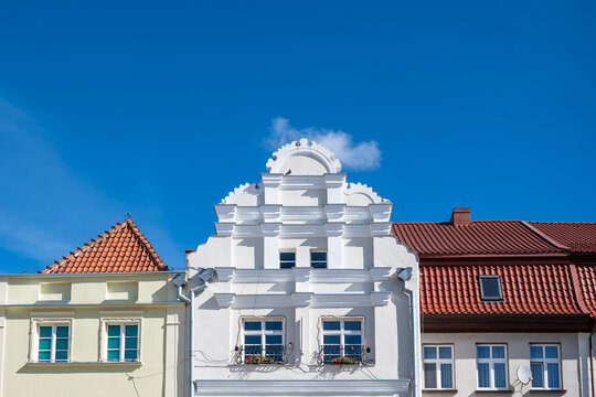facades of mediaeval tenement houses in Gniew, Poland