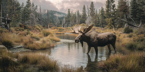 Wild moose in wetlands of North America