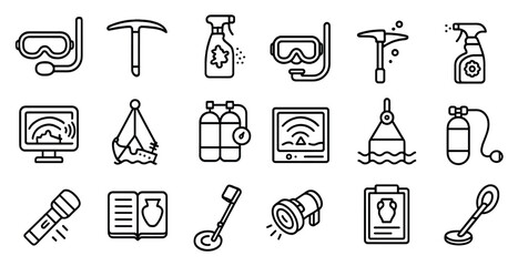 Diving and adventure line icons set – outline, exploration, aquatic gear symbols