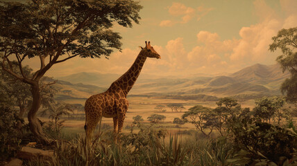 Wild giraffe in African savanna landscape