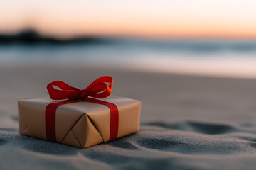 A wrapped gift with a red ribbon sits on a sandy beach as the sun sets. A perfect gift for someone who loves the beach!