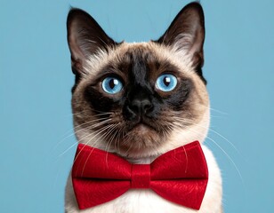 Siamese cat with blue eyes and a bright red bow tie on a blue backdrop