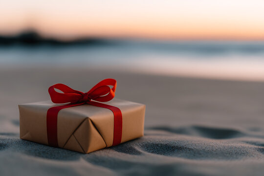 A wrapped gift with a red ribbon sits on a sandy beach as the sun sets. A perfect gift for someone who loves the beach!
