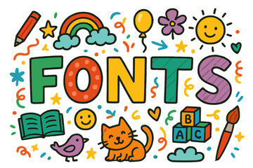 Naklejka premium Colorful Doodle Typography. Creative Fonts. Colorful Hand-drawn doodle Children illustration colorful letters, 3D typography, pencils, paintbrushes, stars,