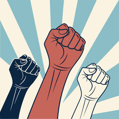 Three Raised Fists in Red, White, and Blue Against Radiating Burst Background Symbolizing Unity and Resistance