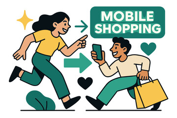 Fototapeta premium Dynamic Mobile Shopping. Mobile shopping. Glowing text blocks optimized for phone screens with clean bold fonts. Floating icons of sparkle, arrow, and heart