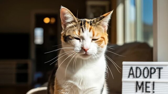 Adorable Calico Cat with "Adopt Me" Sign - A beautiful calico cat with bright green eyes is looking directly at the camera, one paw raised. Behind the cat, there is a sign that says "ADOPT ME!"