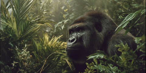 Endangered mountain gorilla in African jungle