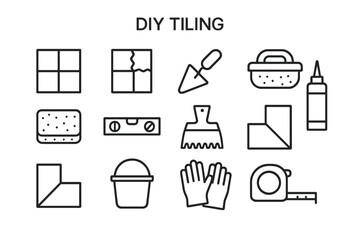 Fototapeta premium DIY Tiling Icons. DIY tiling. Line icon set of DIY tiling: tile square, grout line, trowel, float, sponge, level, scraper, adhesive tube, corner tile, bucket,