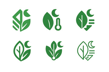 Thermostat Logo Variations. Adjusting the thermostat before bed. Set Logo of Adjusting the thermostat before bed: Eco leaf combined with a temperature-decrease