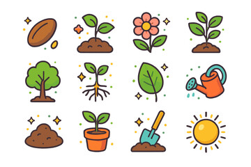 Garden Growth Icons. Garden Growth. Colorful isometric vector icons set of garden growth: seed, sprout, flower, young plant, tree, root system, leaf, watering