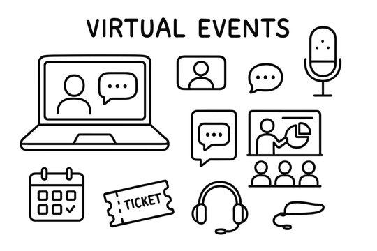 Virtual Event Essentials. Virtual Events. Hand-drawn doodle illustration Virtual Events laptop webcam microphone chat screen presentation audience calendar