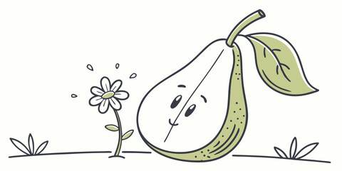 Cute pear holding a tiny flower, minimal flat vector illustration
