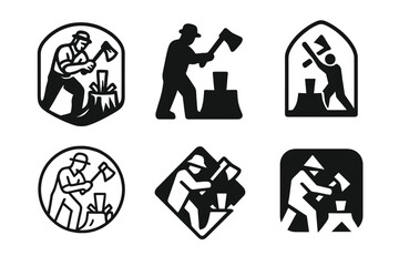 Firewood Logo Variations. Chopping Firewood. Set Logo of Chopping Firewood: wood chopping scene icon. harmonious logo variations of the same emblematic