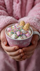Female holding pink mug of hot chocolate with marshmallows and sprinkles in cozy robe