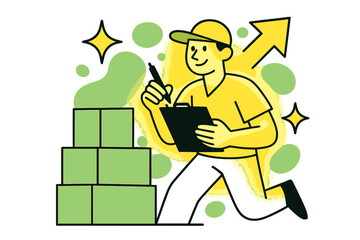 Inventory Check Illustration. Inventory Check. A glowing worker with clipboard and pen counting stock, abstract floating spark and arrow icons symbolizing