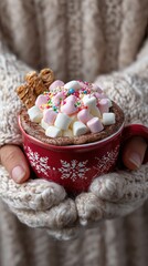 Cozy winter mug with hot chocolate and marshmallows in female hands