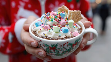 Festive hot chocolate with marshmallows and sprinkles in christmas mug