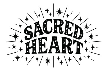 Sacred Heart Typography. Sacred Heart ? Decorative Display Lettering, playful fills with stars, crescents, and heart motifs inside letters, arched curved
