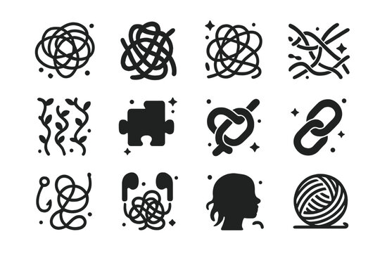 Tangled Icons Grid. Web of tangles. Solid icons set of Web of tangles: scribble, tangled rope, messy string, twisted wire, vines, puzzle piece, knot, chain