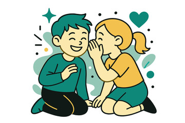 Whispering Kids. Shared Secrets. Two glowing kids whispering while laughing, abstract floating spark and heart icons symbolizing trust. Modern flat-line