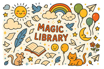 Whimsical Magic Library. Magic Library. Colorful Hand-drawn doodle Children illustration book, clouds, stars, rainbow, sun, moon, flying pages, quill, feather,