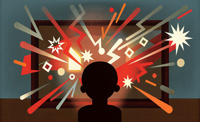 Young boy overwhelmed by aggressive digital information explosion from screen