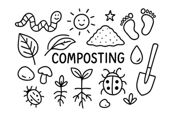 Composting Essentials Doodle. Composting. Hand-drawn doodle illustration composting earthworm, compost pile, soil, leaf, root, mushroom, water droplet, rock,