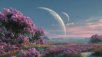 Fantasy landscape with flowering bushes and celestial bodies in a dreamy sky