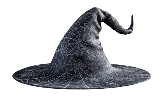 Floating witch hat with bent tip and spiderweb texture representing spooky Halloween magic isolated on transparent background PNG