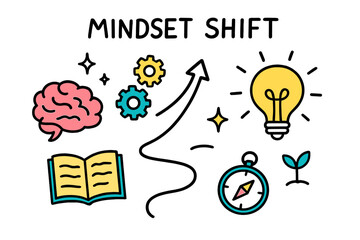 Mindset Transformation Doodle. Mindset Shift. Hand-drawn doodle illustration brain (colored), gears (colored), lightbulb (colored), arrow up, sparkle, star,