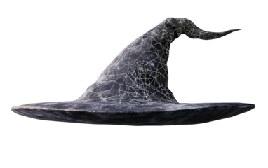 Mysterious floating witch hat featuring curved tip and cobweb design for eerie festive atmosphere isolated on transparent background PNG