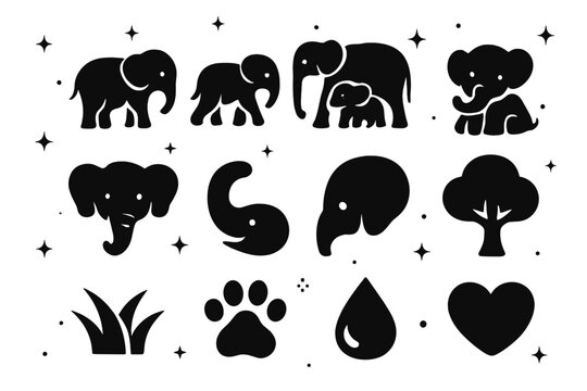 Young Elephant Icons. Young elephants. Solid icons set of Young elephants: calf standing, calf walking, mother with calf, baby elephant, elephant face, trunk,