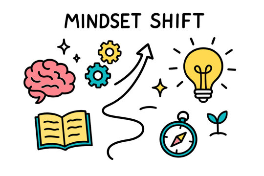 Mindset Transformation Doodle. Mindset Shift. Hand-drawn doodle illustration brain (colored), gears (colored), lightbulb (colored), arrow up, sparkle, star,