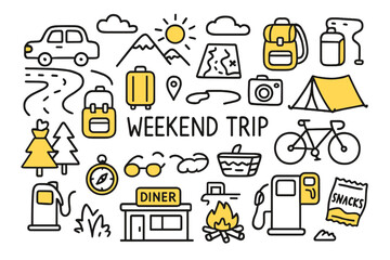 Weekend Adventure Icons. Weekend Trip. Hand-drawn doodle illustration Car, backpack, suitcase, map, road, mountains, sun, clouds, camera, tent, campfire,