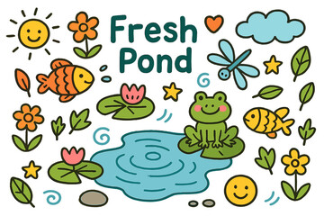 Naklejka premium Colorful Pond Doodle. Fresh Pond. Colorful Hand-drawn doodle Children illustration pond, fish, frog, lotus, dragonfly, water lily, ripple, flower, leaf, stone,
