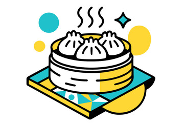 Geometric Dumpling Delight. Steamed Dumpling Basket. Abstract geometric plate and basket with dumplings, floating steam lines and geometric accents, playful