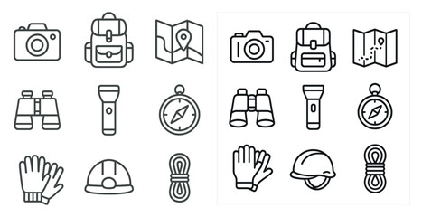 Outdoor adventure line icons set – navigation, equipment, camping symbols