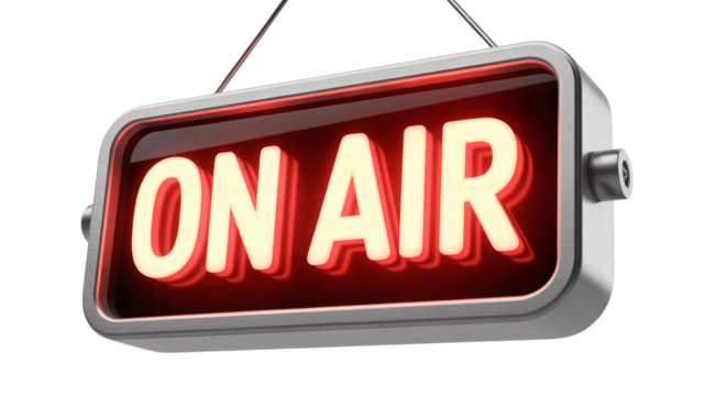 Exciting on air studio broadcast sign ready for your podcast, radio show, or live streaming event, capturing attention, vibrant and bold, perfect for media projects