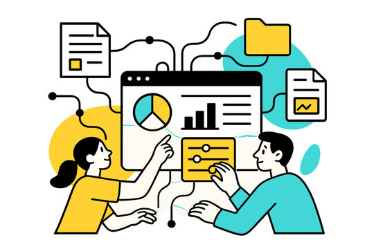 Seamless Data Integration. Data Integration. Floating documents and files automatically connecting into a central dashboard, abstract lines representing