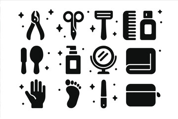 Obraz premium Grooming Kit Icons. Grooming kit. Solid icons set of Grooming kit: nail clipper, scissors, razor, comb, brush, lotion bottle, mirror, towel, hand, foot, nail