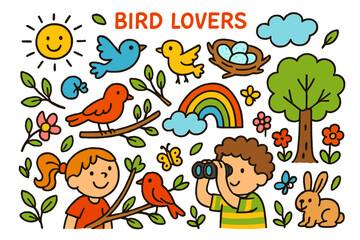 Children Birdwatching Adventure. Bird Lovers. Colorful Hand-drawn doodle Children illustration children watching birds, nests, eggs, branches, trees, leaves,