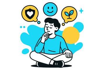 Naklejka premium Introspective Thought Bubbles. Self-Reflection. Person sitting cross-legged, floating abstract thought bubbles and icons representing honesty, kindness, and