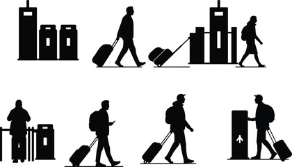 Silhouettes of travelers with luggage at airport, walking, check-in, boarding process, modern air travel lifestyle illustration concept