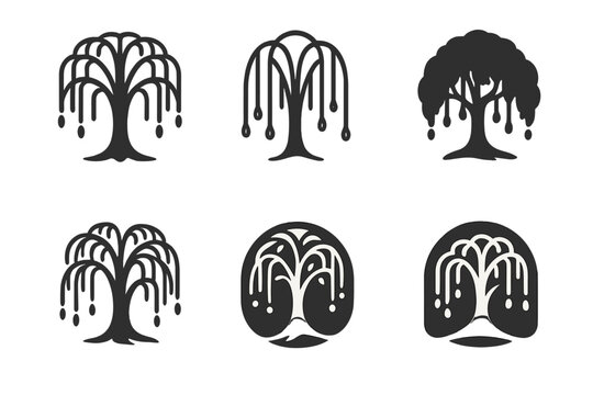 Magical Forest Logos. Magical forests. Set Logo of Magical forests: willow tree with hanging light ribbons. harmonious logo variations of the same emblematic